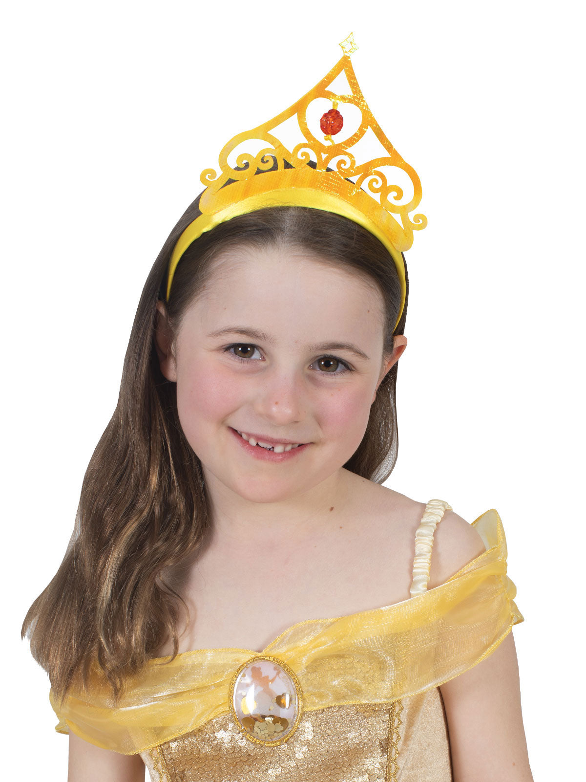 Girl wearing the gold iridescent Belle tiara with a red rose in the centre