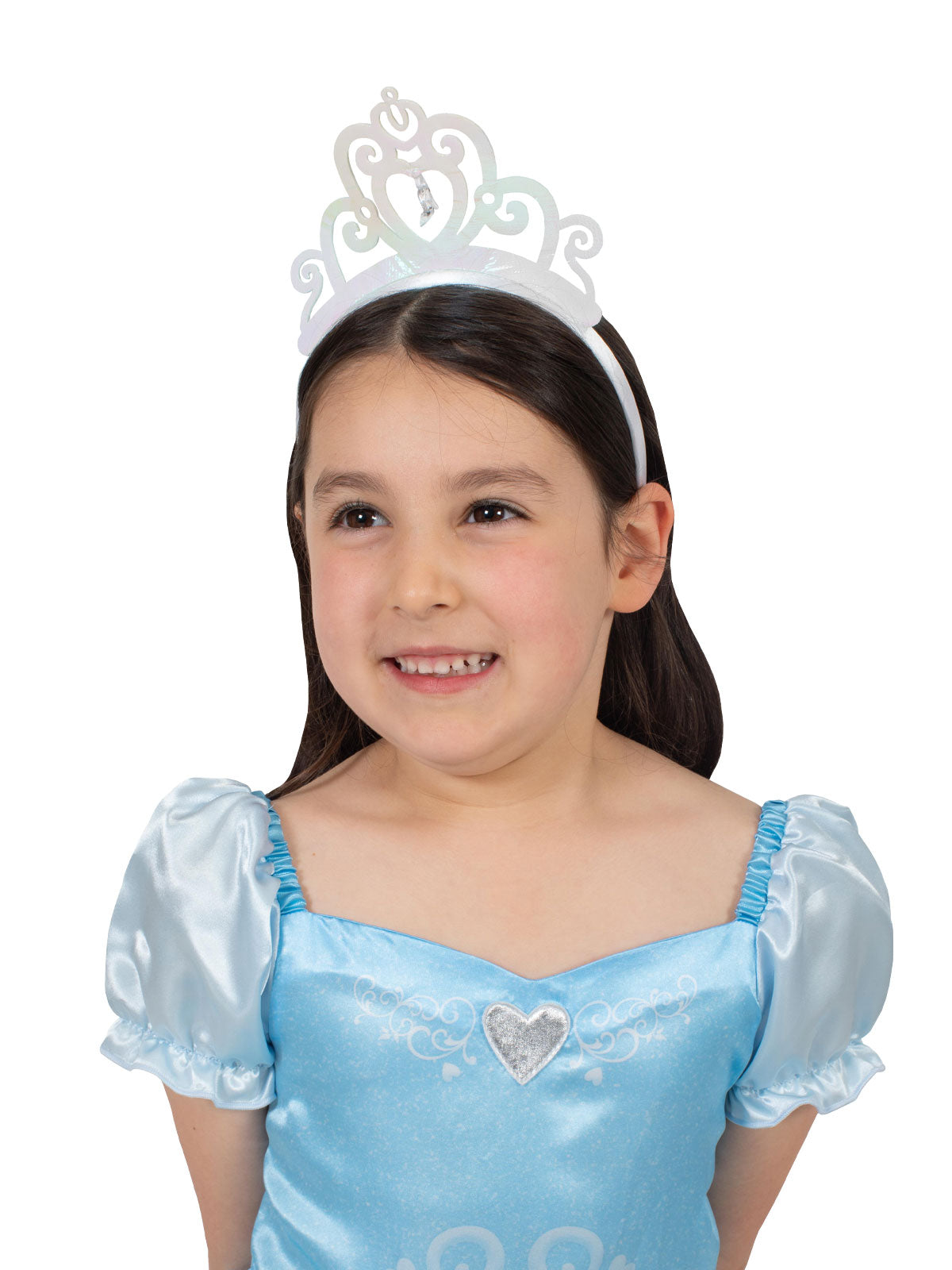 Girl wearing the white iridescent Cinderella tiara with a glass slipper centre