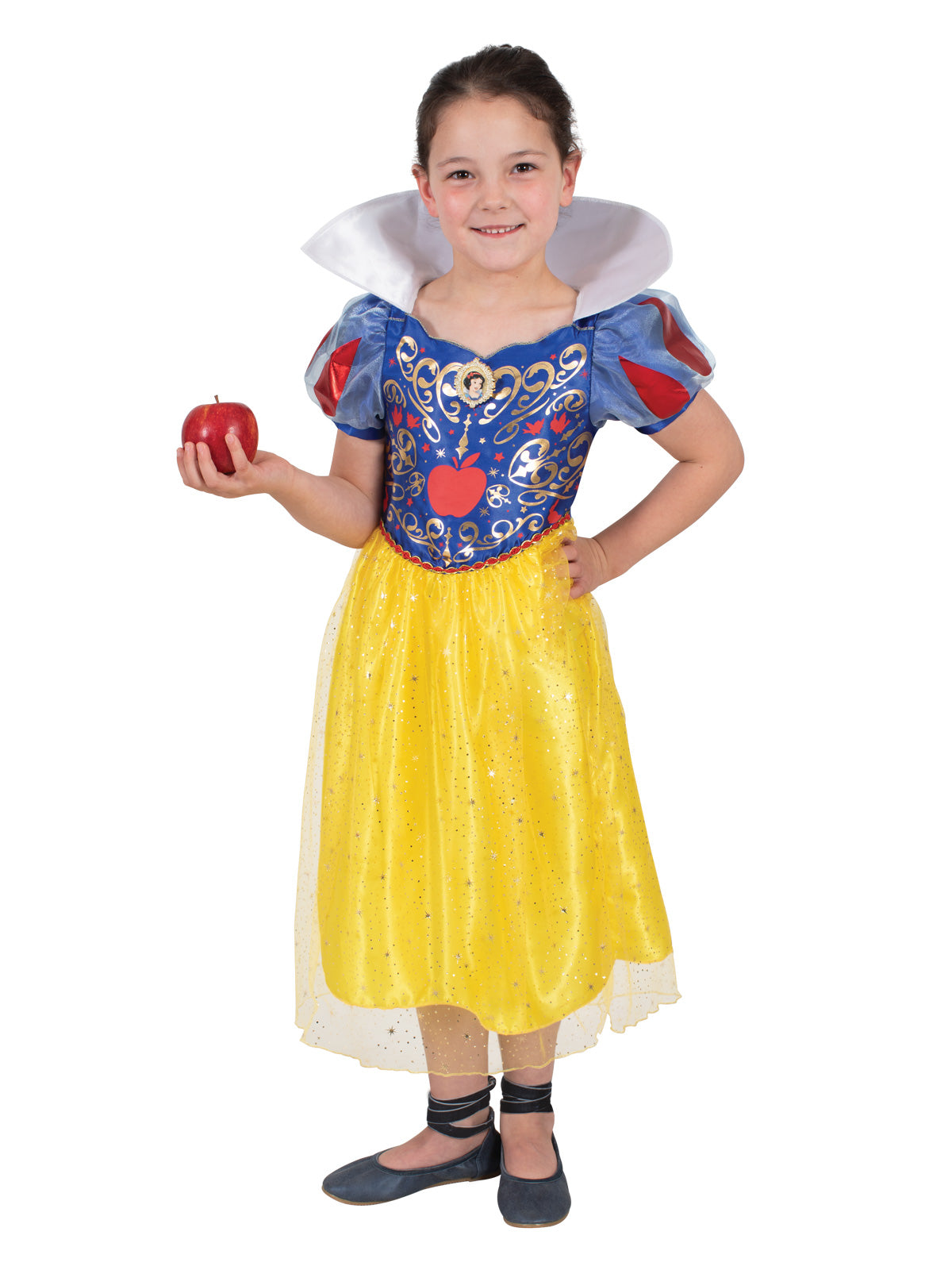 Girl wearing a Snow White Sparkle dress with shimmery bodice, ruched sleeves, white collar and yellow skirt