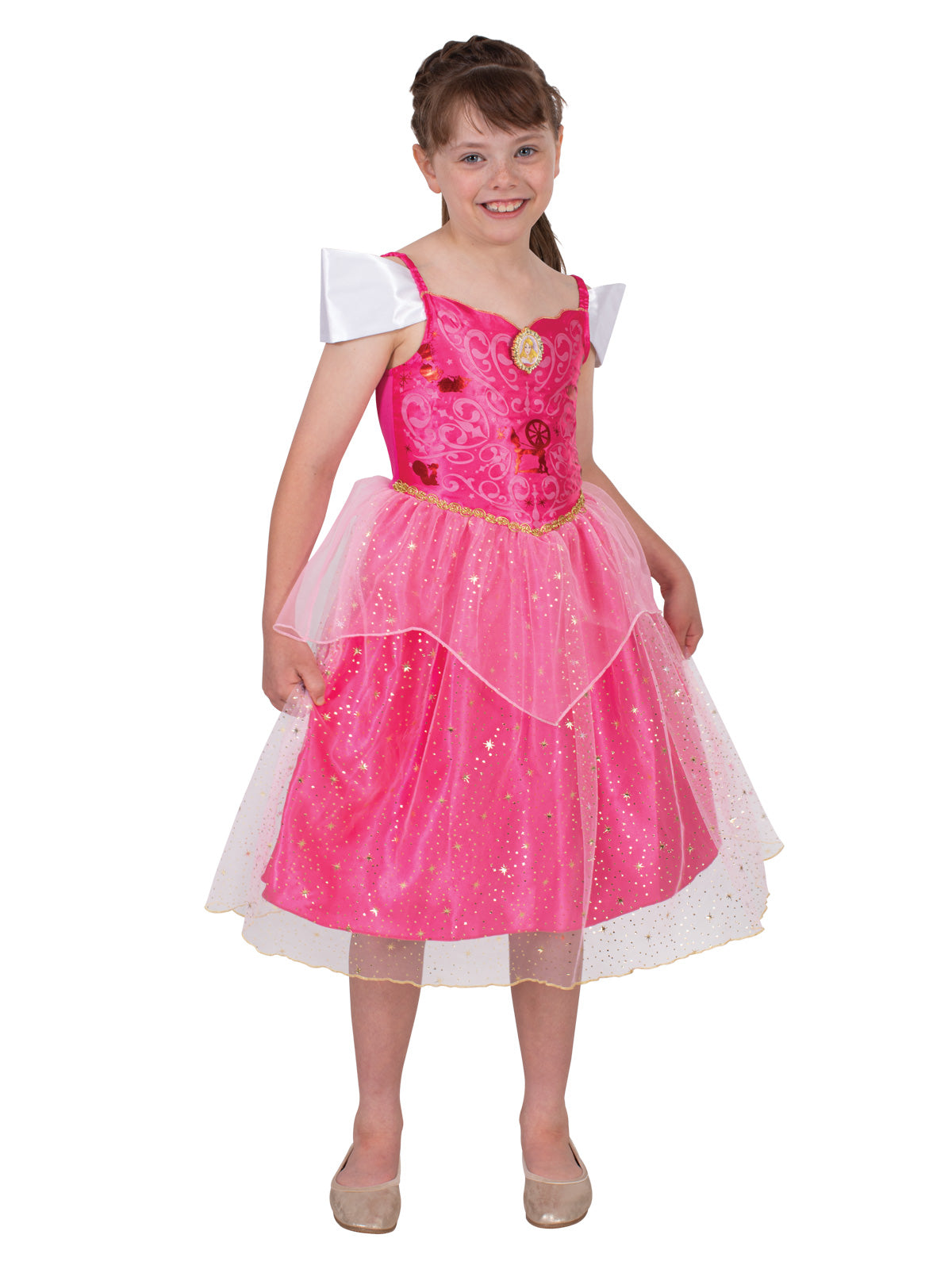 Girl in pink Aurora dress with white off-shoulder sleevelets and sparkly pink tulle overlay skirt