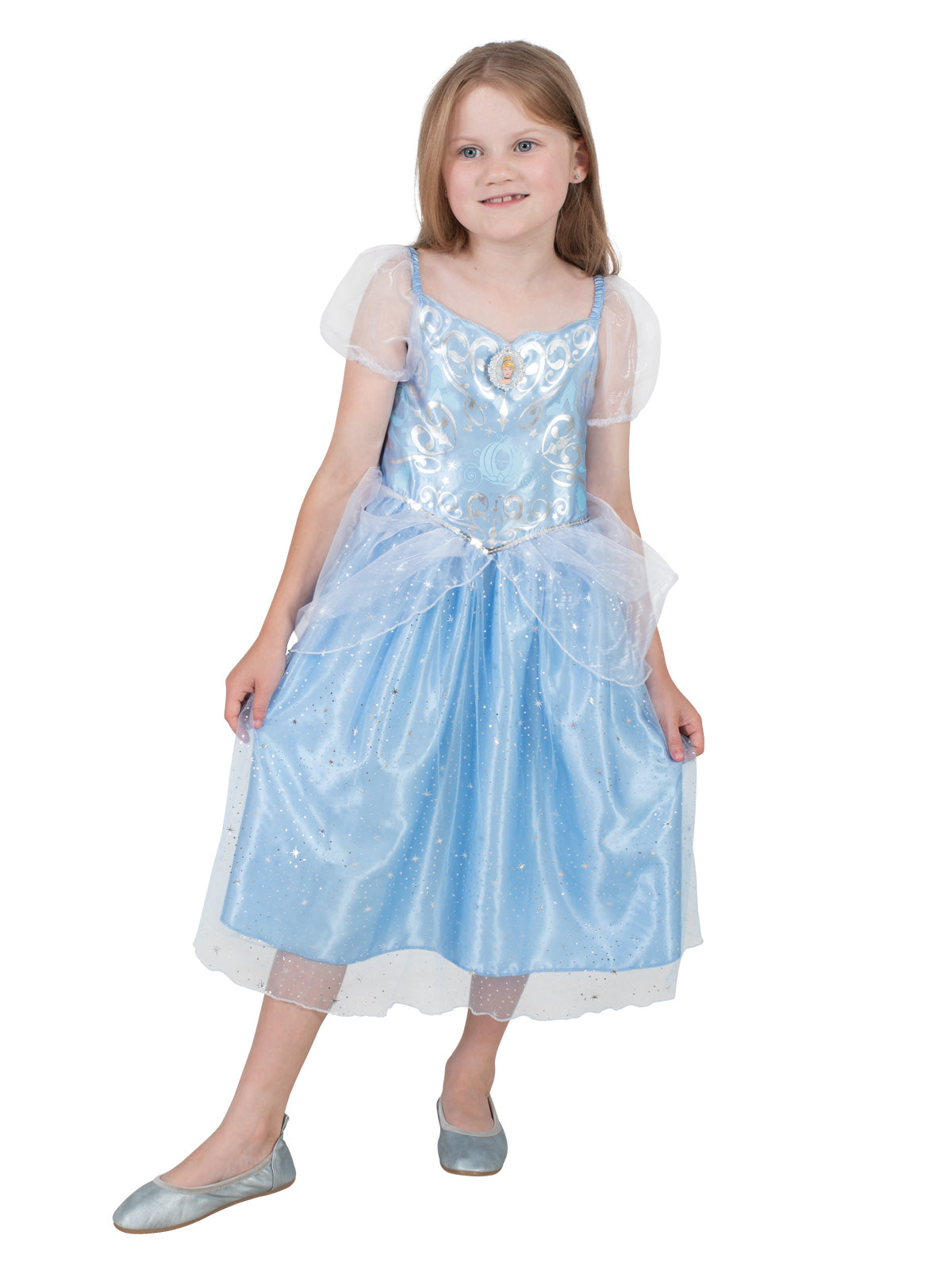 Girl in light blue Cinderella dress with silver bodice, sheer puff sleeves and shimmery tulle skirt