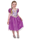 Girl wearing a purple Rapunzel Sparkle dress with shimmery bodice, character pendant and tulle sleeves