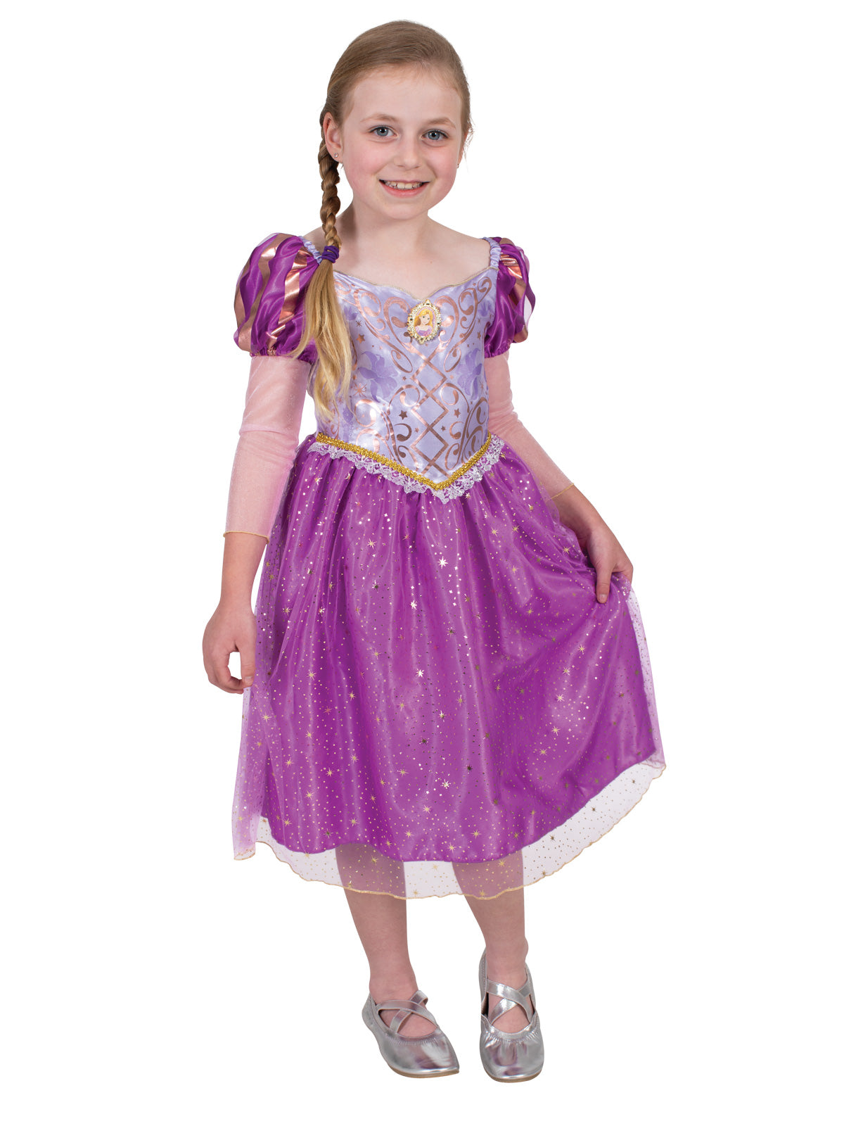 Girl wearing a purple Rapunzel Sparkle dress with shimmery bodice, character pendant and tulle sleeves