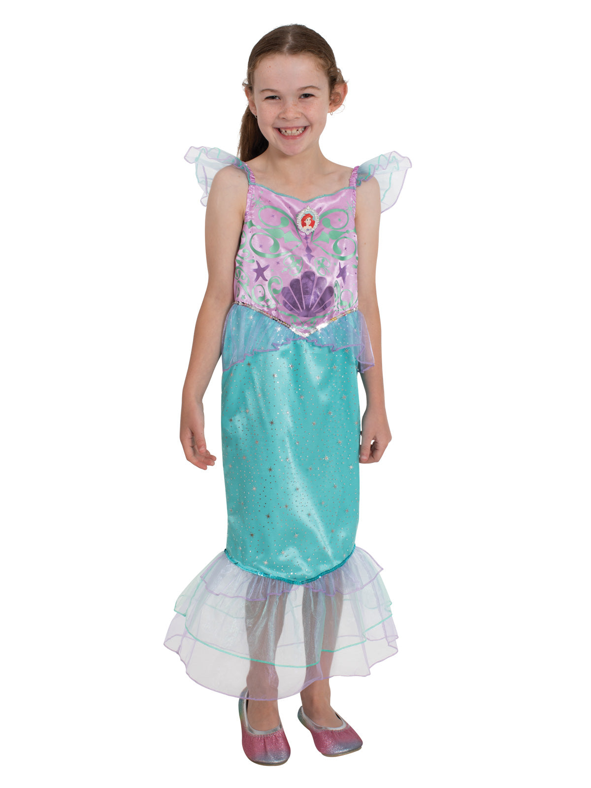 Girl in Ariel sparkle dress with lilac printed bodice, teal skirt and white tulle mermaid tail