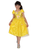 Girl in yellow Belle dress with gold printed bodice, character pendant and sparkly gold tulle skirt