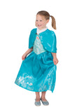 Girl in teal Ariel dress with foil-print skirt and teal satin cloak with white faux fur collar