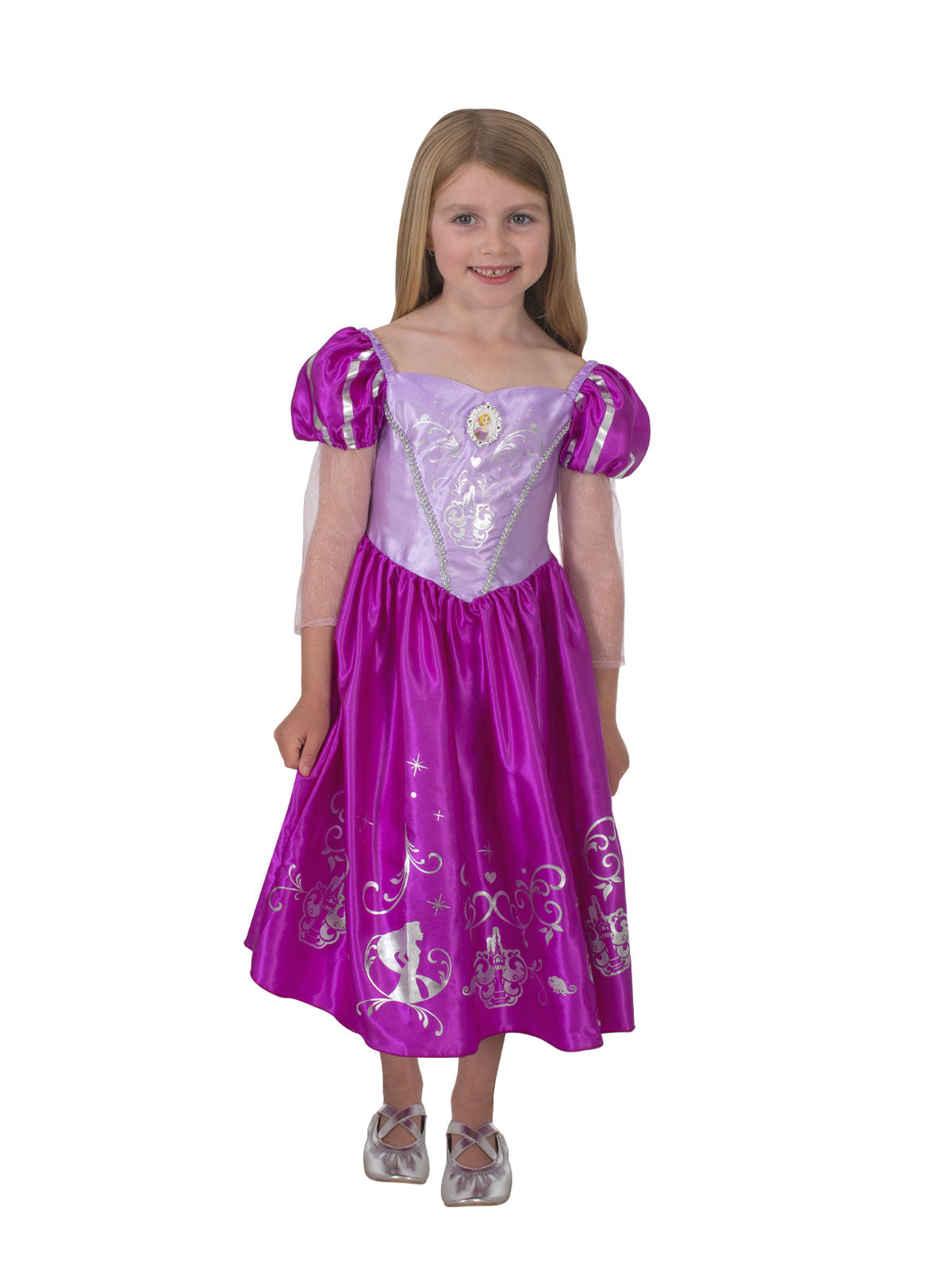 Girl wearing the Rapunzel dress without the cloak, showing satin puff sleeves and character pendant bodice
