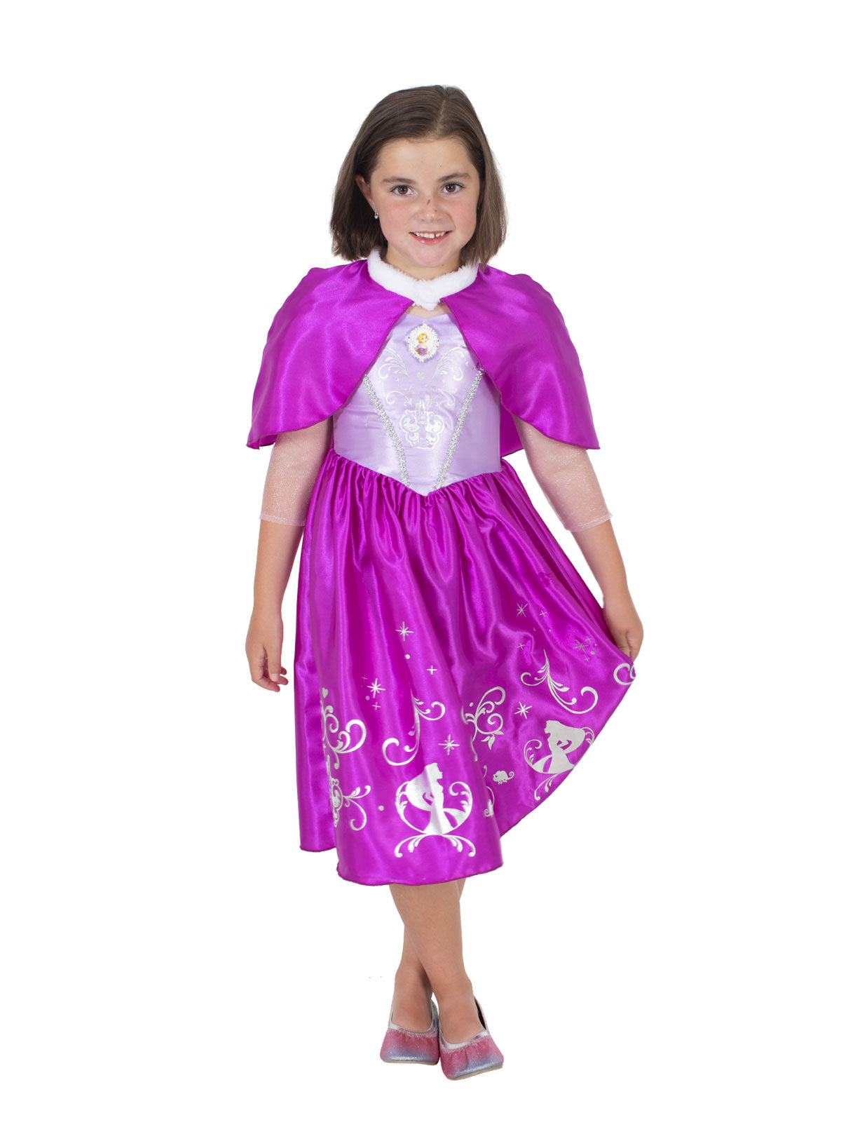 Girl in the Rapunzel deluxe dress and cloak with faux fur collar, foil-printed satin skirt