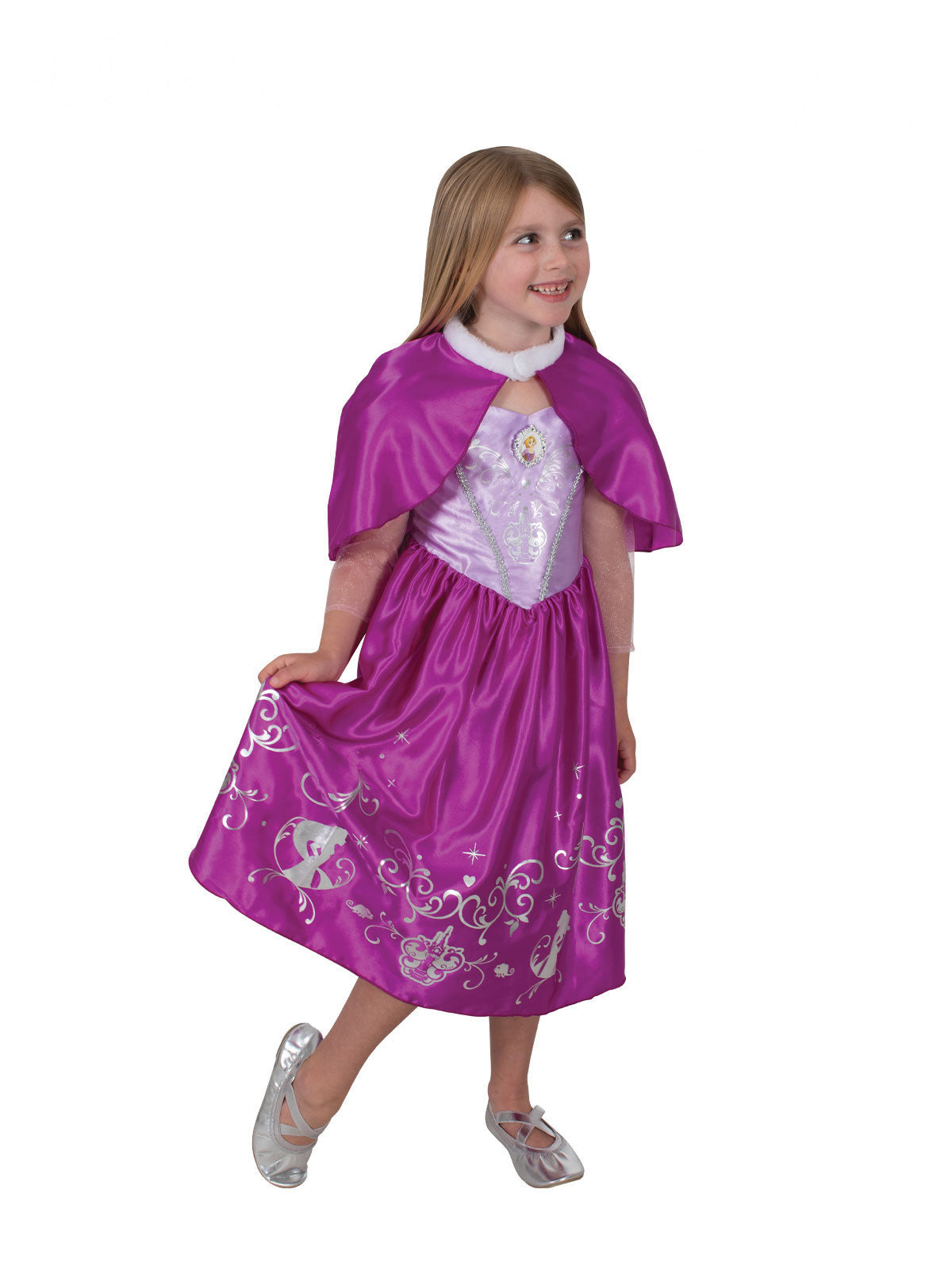 Girl wearing a purple Rapunzel dress with foil-print skirt and short satin cloak