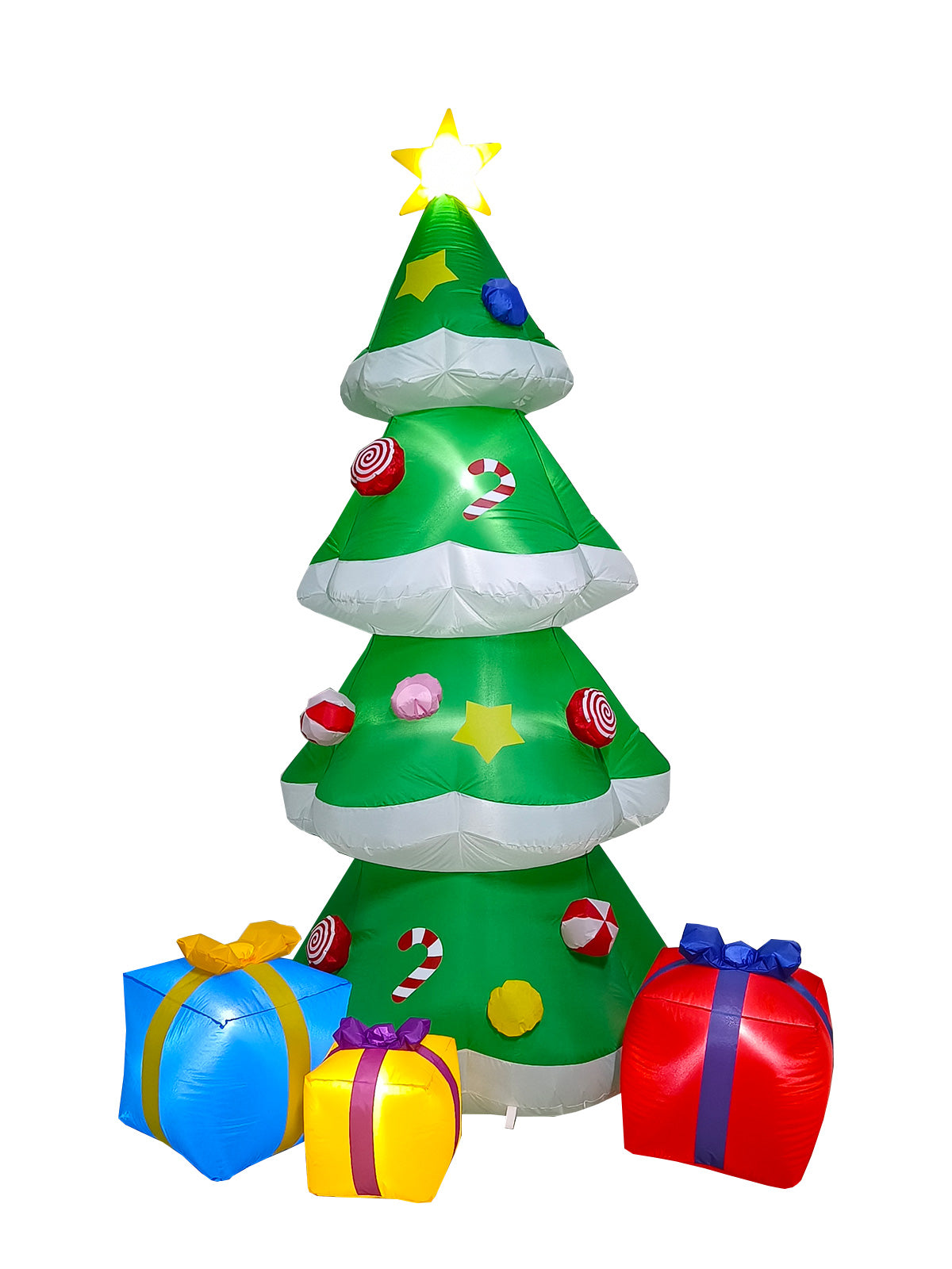 Inflatable decorated Christmas tree with a star on top and wrapped gift boxes