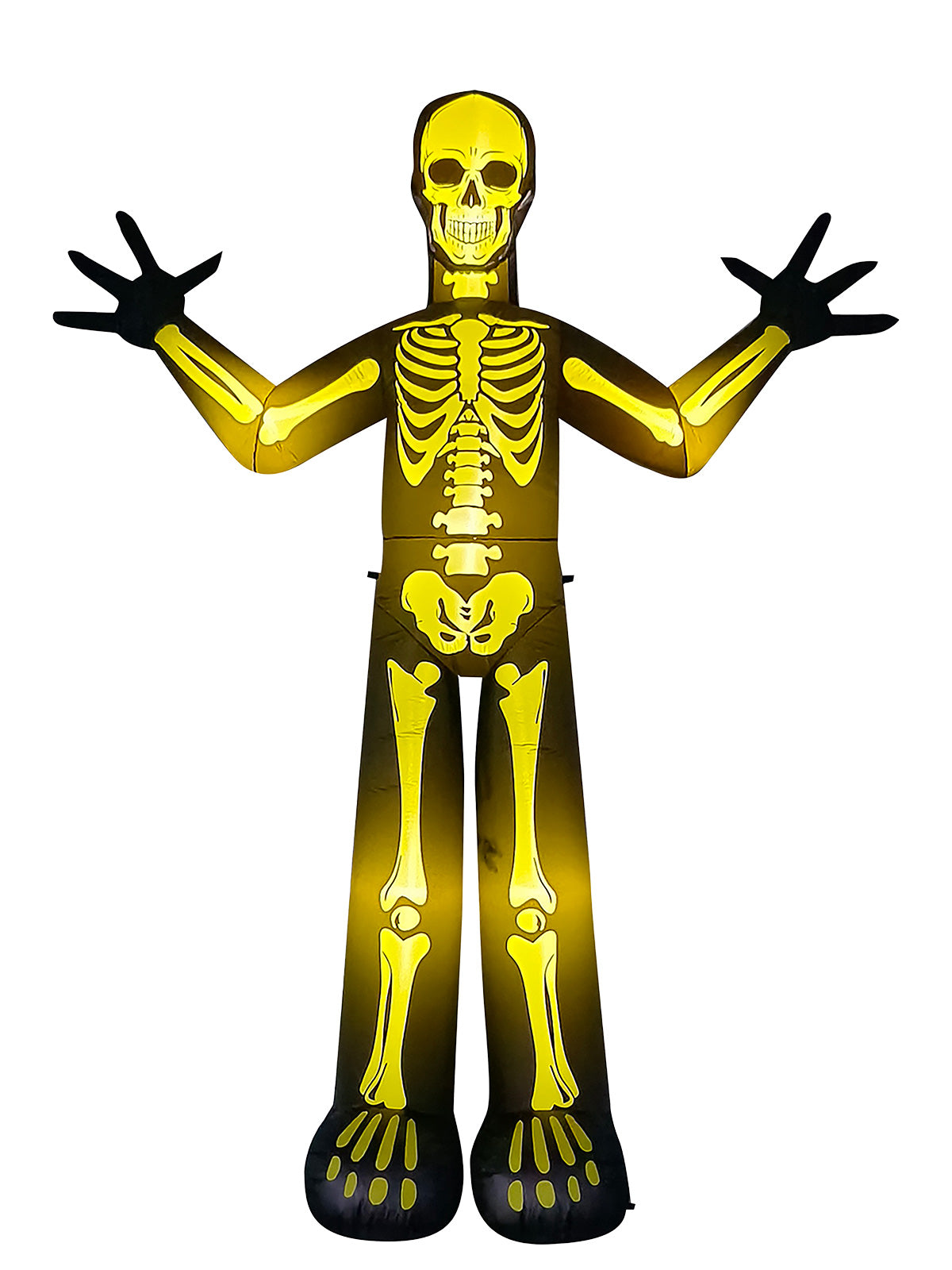 Tall inflatable skeleton with glowing yellow bones and black hands