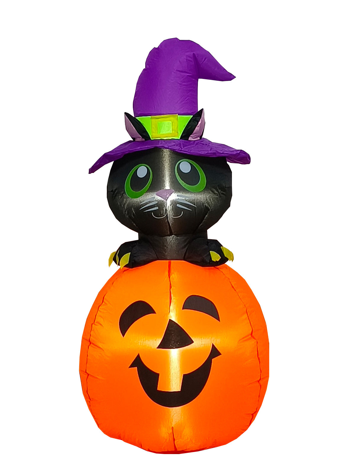 Inflatable black cat in a purple witch hat sitting on a smiling orange pumpkin