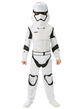 Child in a white Stormtrooper jumpsuit with printed black and white armour and moulded helmet mask