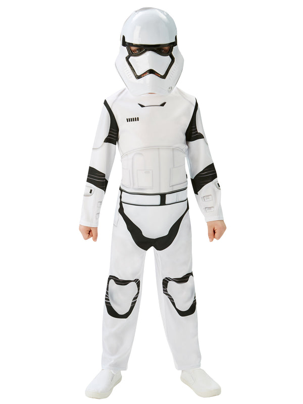 Child in a white Stormtrooper jumpsuit with printed black and white armour and moulded helmet mask