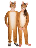 Two children in brown rabbit jumpsuits with printed fur, cream bellies and rabbit face masks