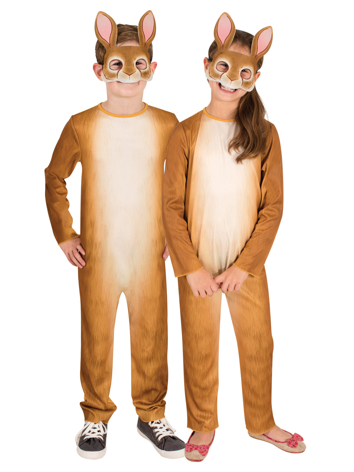Two children in brown rabbit jumpsuits with printed fur, cream bellies and rabbit face masks