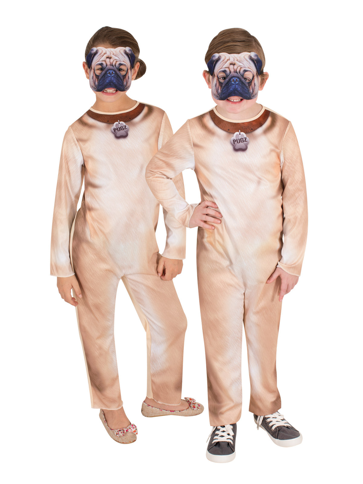 Two kids wearing pug dog costumes with printed fur jumpsuits and pug face masks