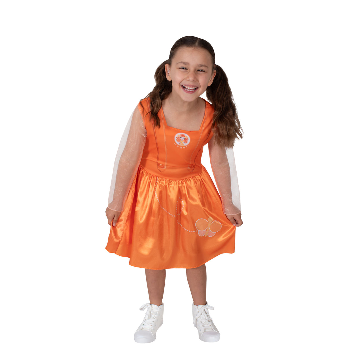 Girl in the Emma Memma short orange dress, smiling