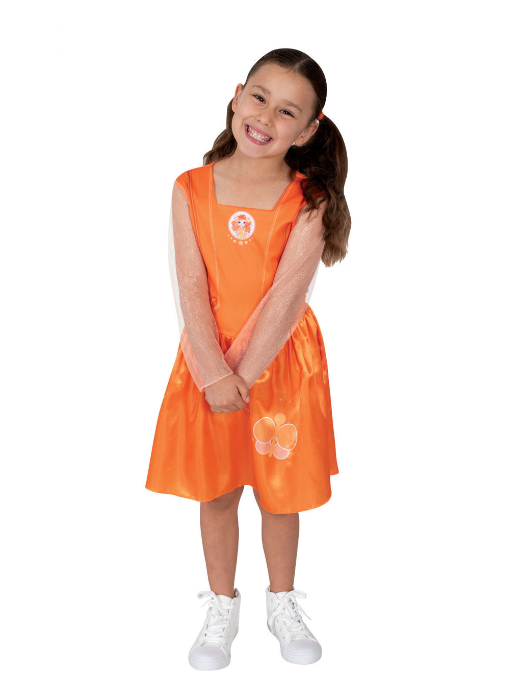 Girl in Emma Memma short orange dress with butterfly print and mesh sleeves