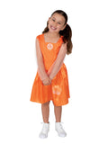 Girl in Emma Memma short orange dress with butterfly print and mesh sleeves