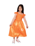 Girl in Emma Memma long orange satin dress with butterfly print