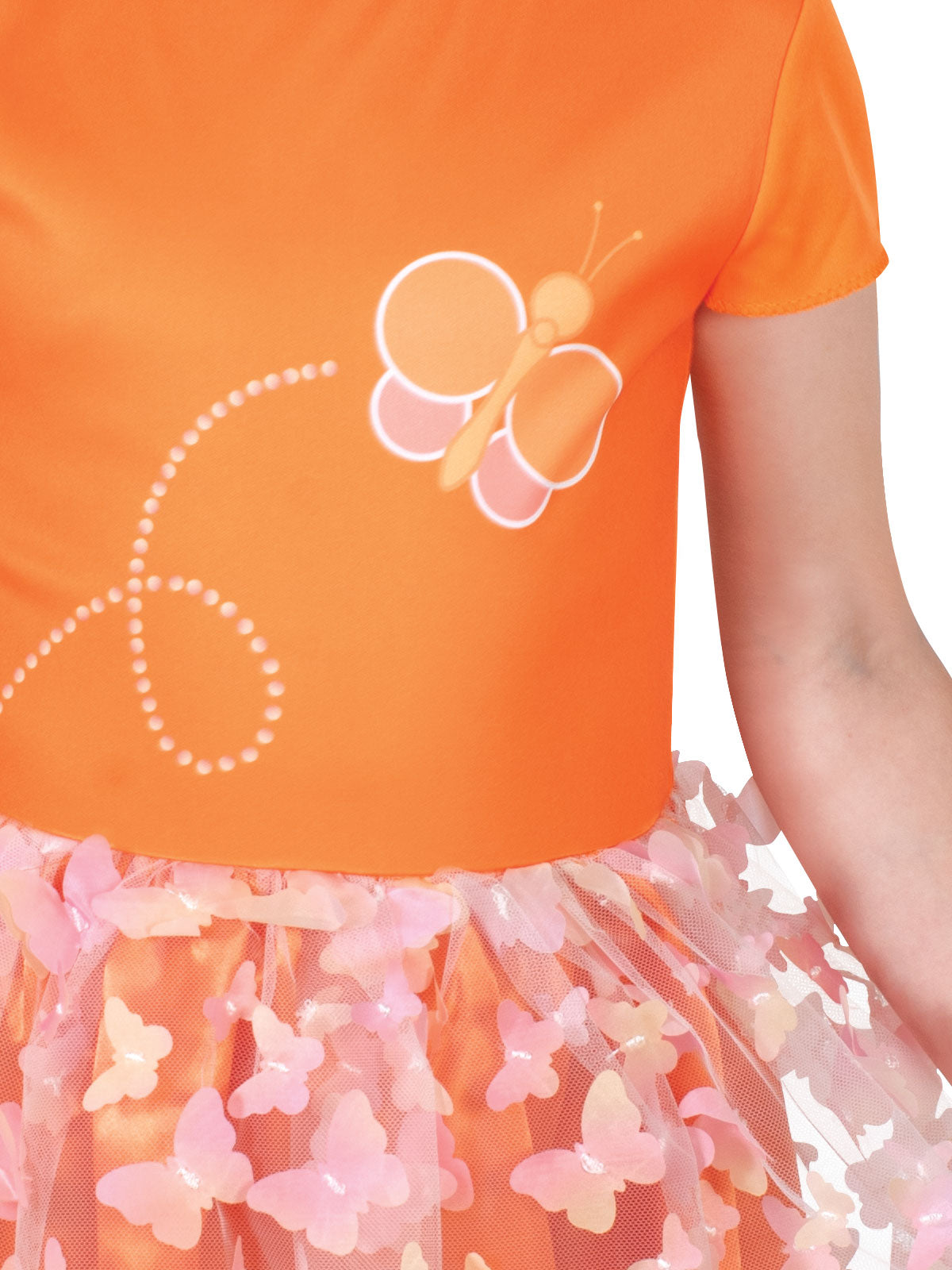 Close-up of the Emma Memma dress's orange top with butterfly print