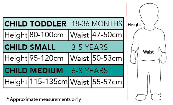 Size chart for the Emma Memma Deluxe Costume, Child