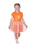 Girl in Emma Memma orange butterfly dress with pink butterfly tulle skirt
