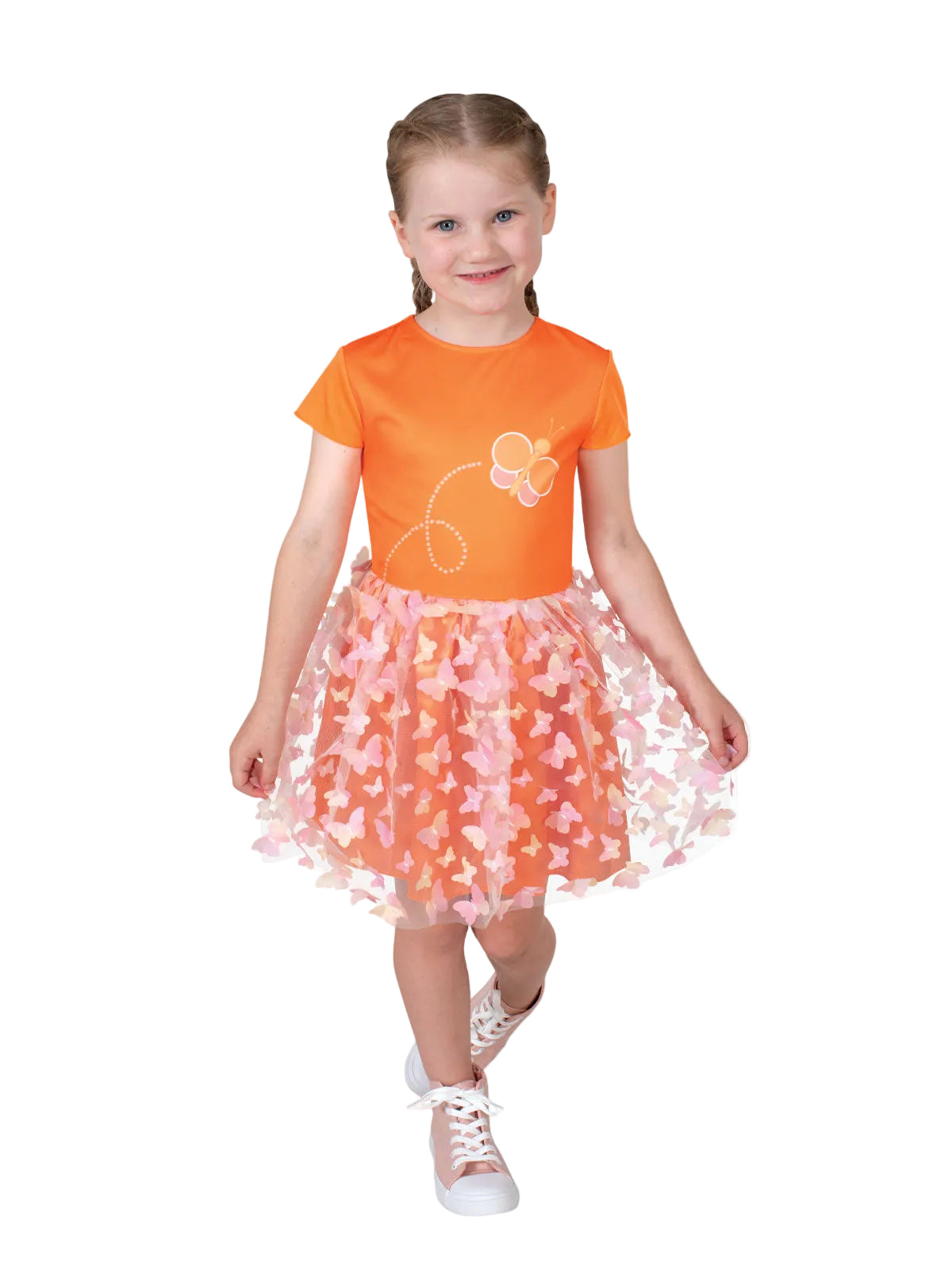 Girl in Emma Memma orange butterfly dress with pink butterfly tulle skirt