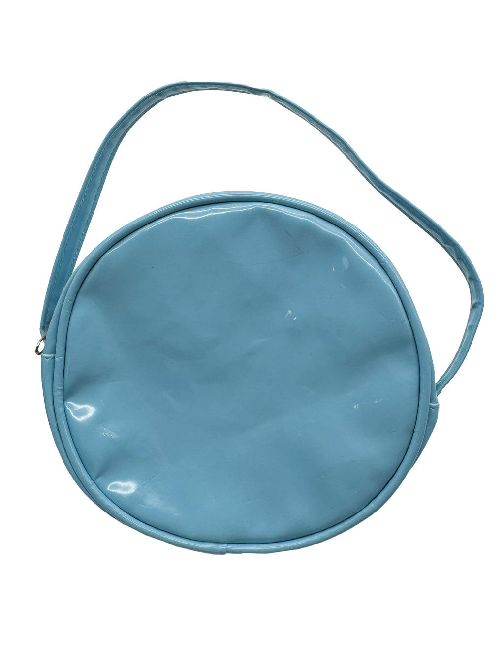 Back of the blue Frozen accessory bag in plain glossy teal with a handle