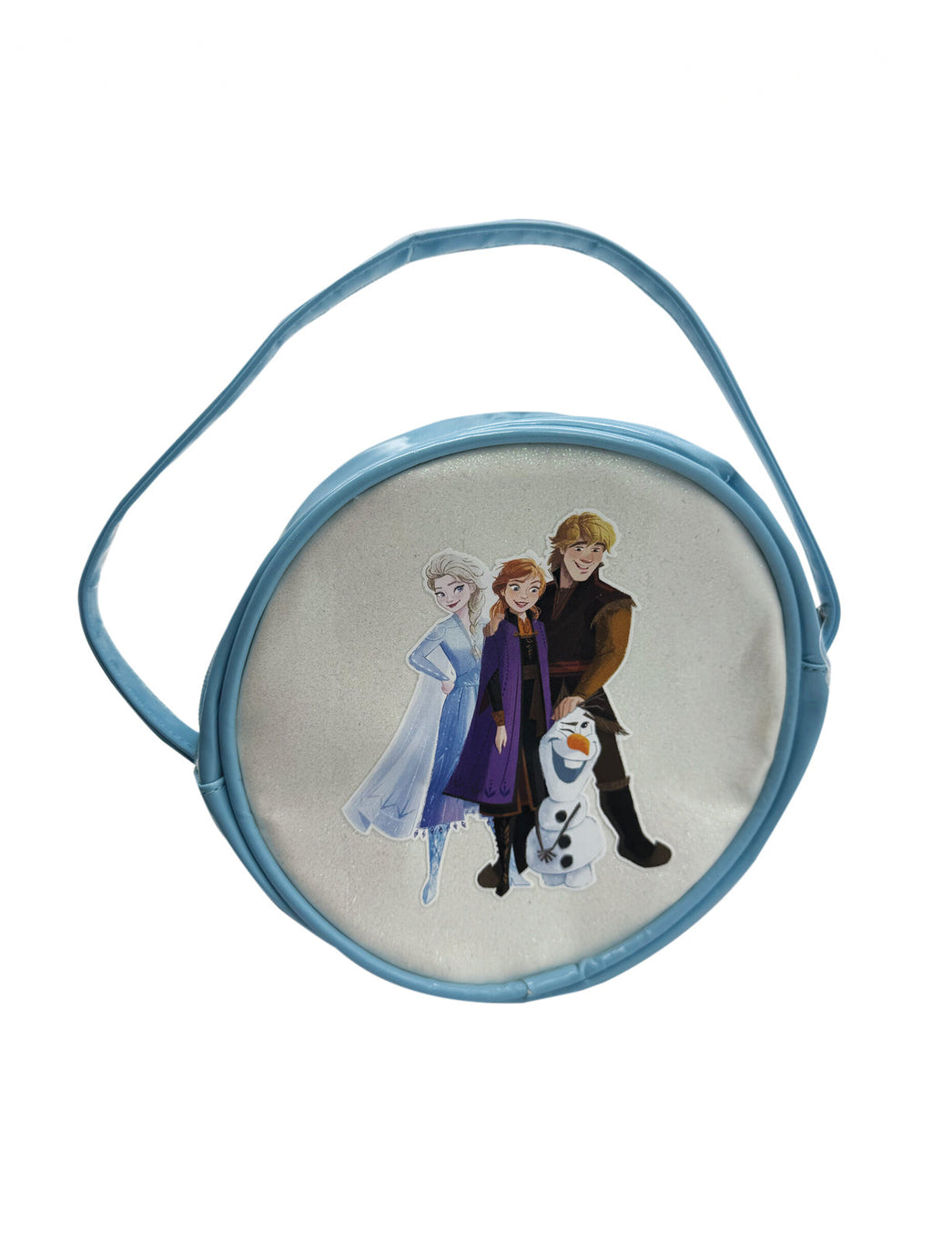 Round blue Frozen accessory bag with Elsa and Anna printed on the front and a carry handle