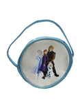 Round blue Frozen accessory bag with Elsa and Anna printed on the front and a carry handle