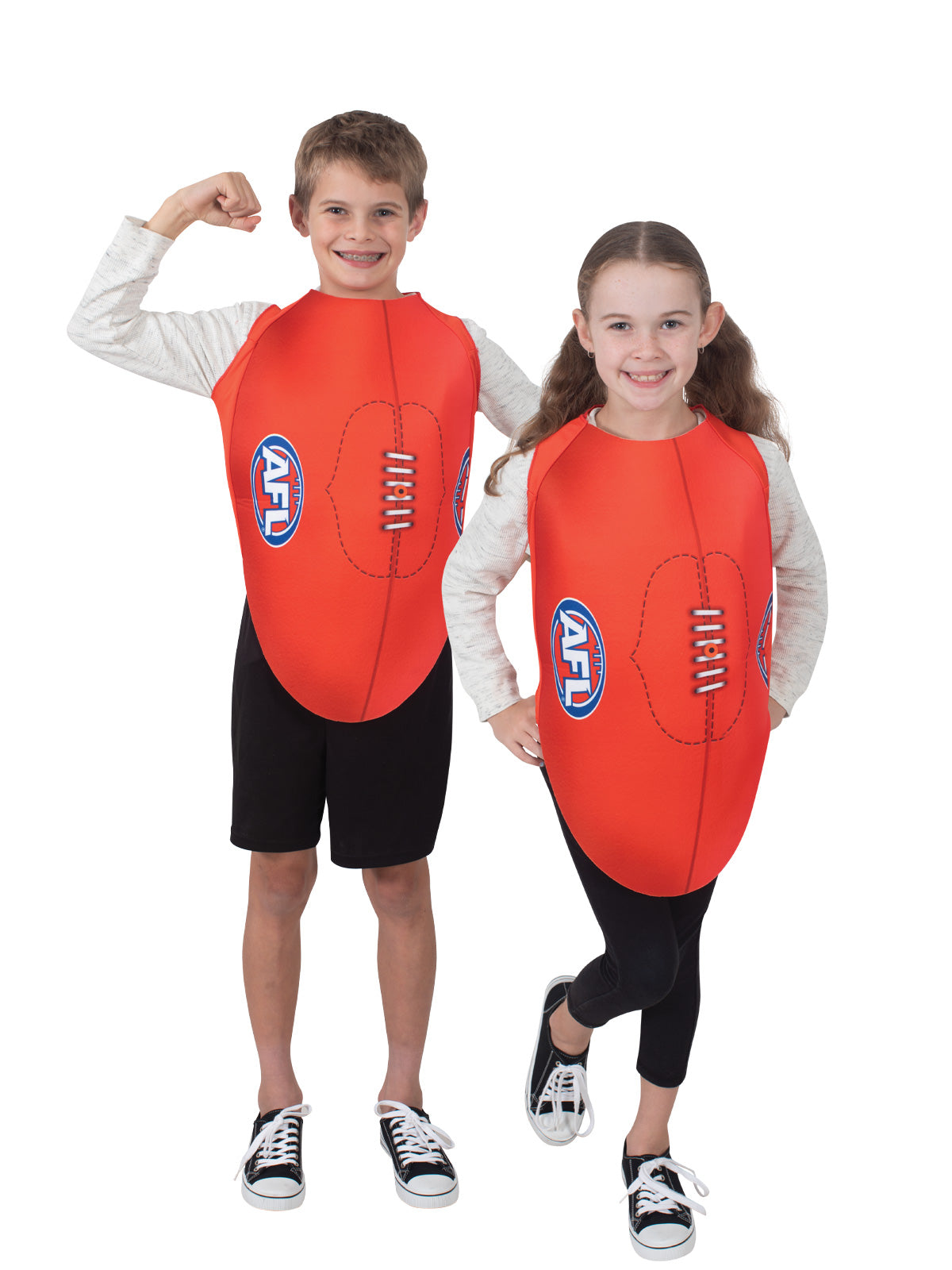 Boy and girl in red AFL footy tabards printed with a football and laces