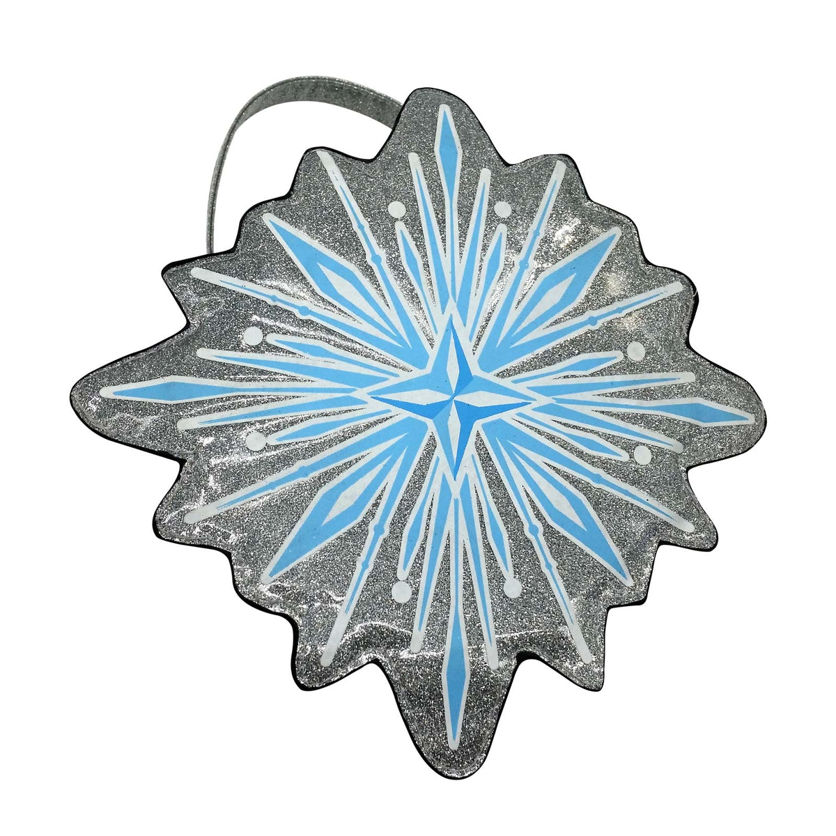 Frozen snowflake-shaped accessory bag in blue and silver with a handle
