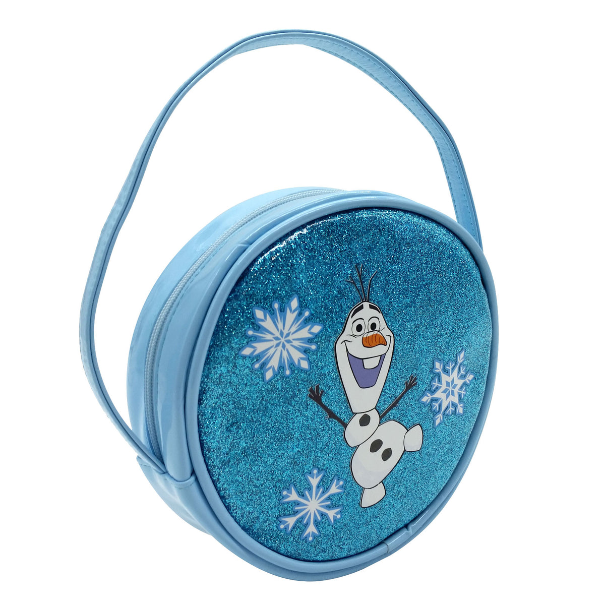 Round blue glitter Frozen Olaf accessory bag with snowflakes and handle