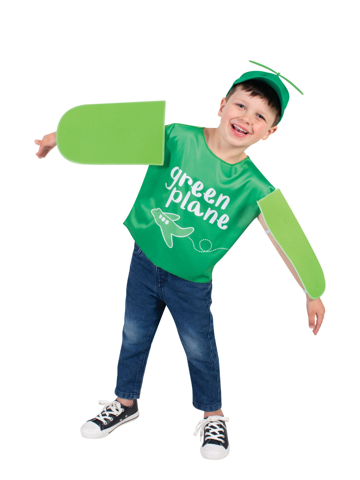 Child in Emma Memma Green Planes singlet, propeller cap and foam aeroplane wings