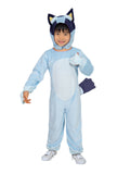 Child in light blue velour Bluey jumpsuit with padded paws, navy-tipped tail and eared headpiece