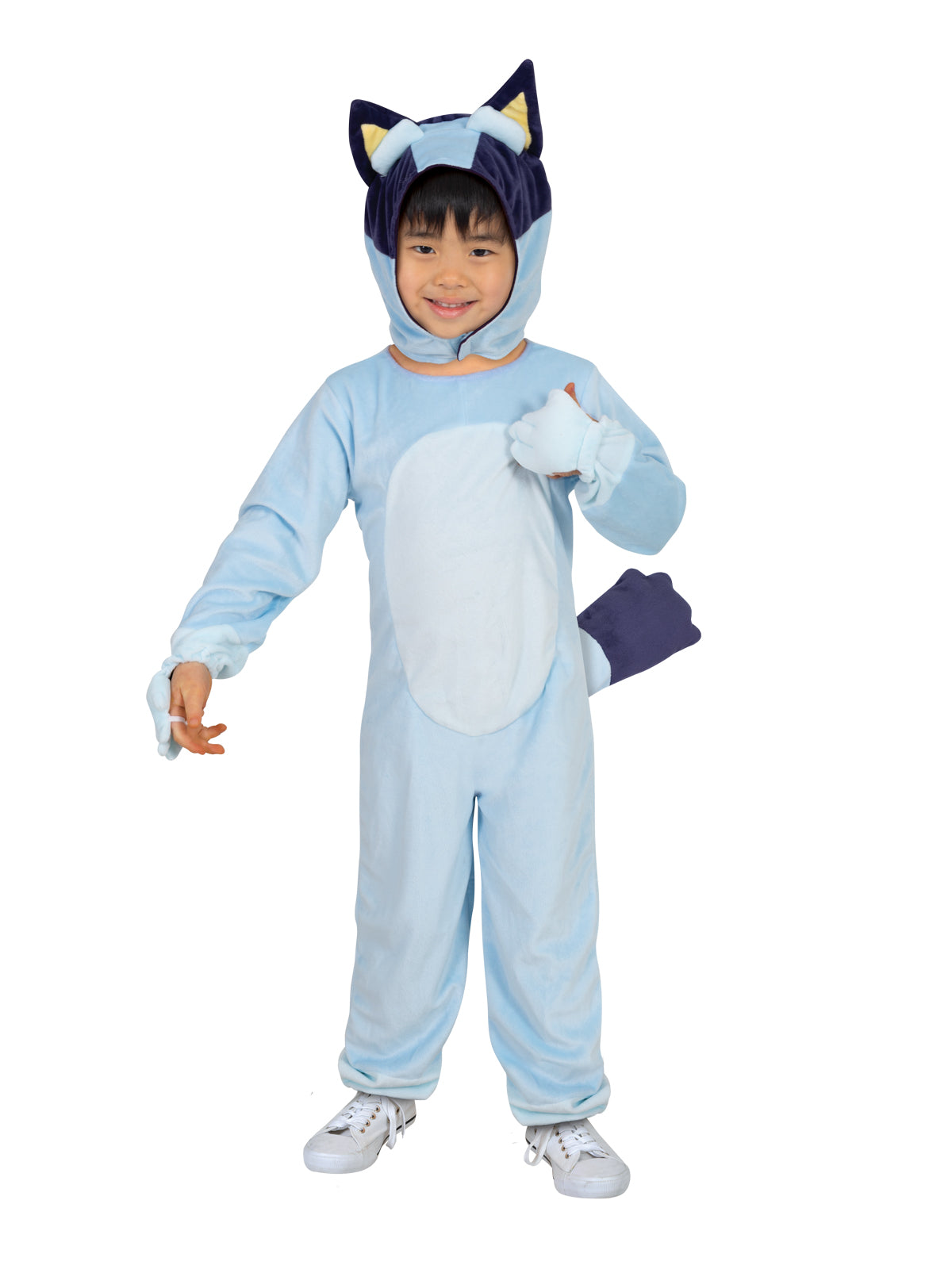 Child in light blue velour Bluey jumpsuit with padded paws, navy-tipped tail and eared headpiece