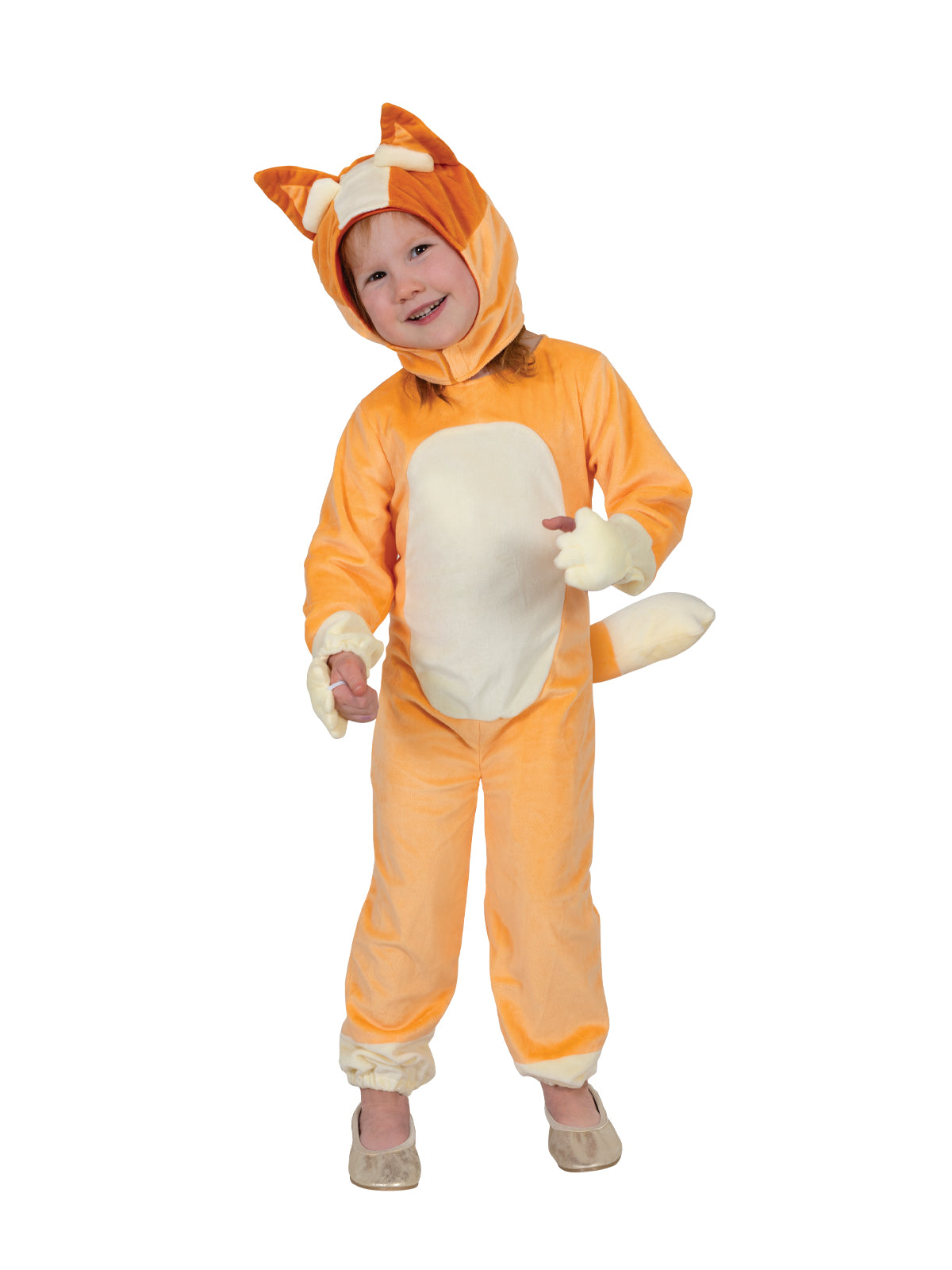 Child in orange velour Bluey Bingo jumpsuit with padded paws, tail and eared headpiece