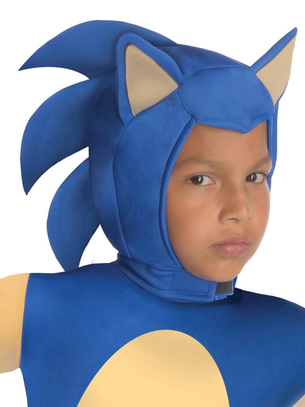 Close-up of the Sonic headpiece with foam-backed spikes, ears and hood