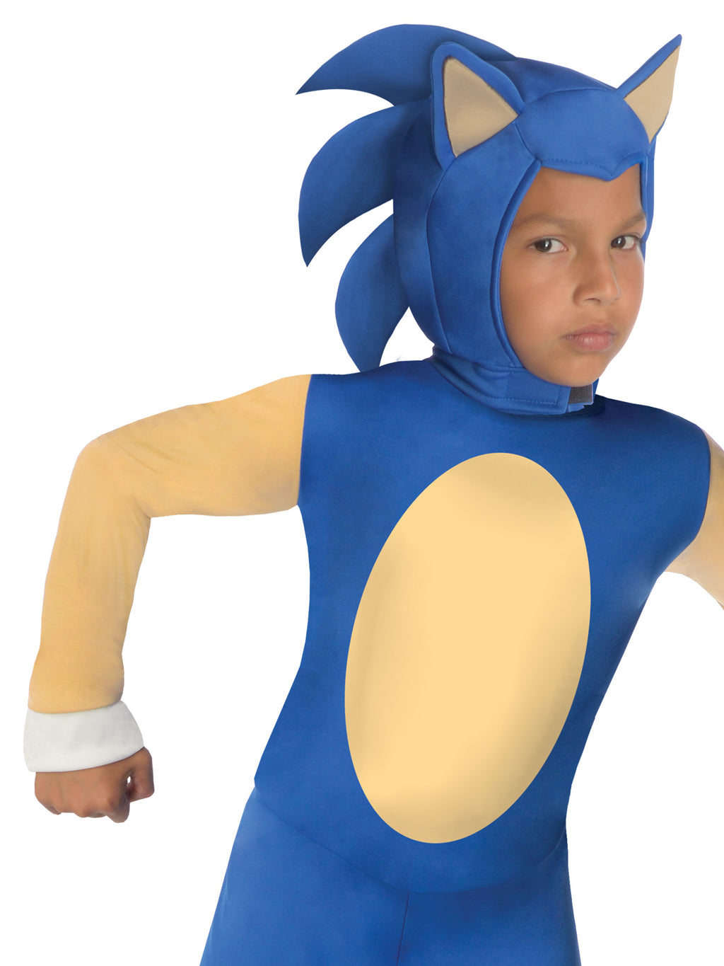 Close-up of the Sonic jumpsuit with blue headpiece, tan chest and cream sleeves