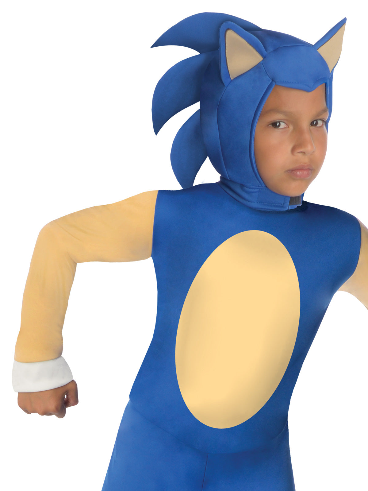 Close-up of the Sonic jumpsuit with blue headpiece, tan chest and cream sleeves