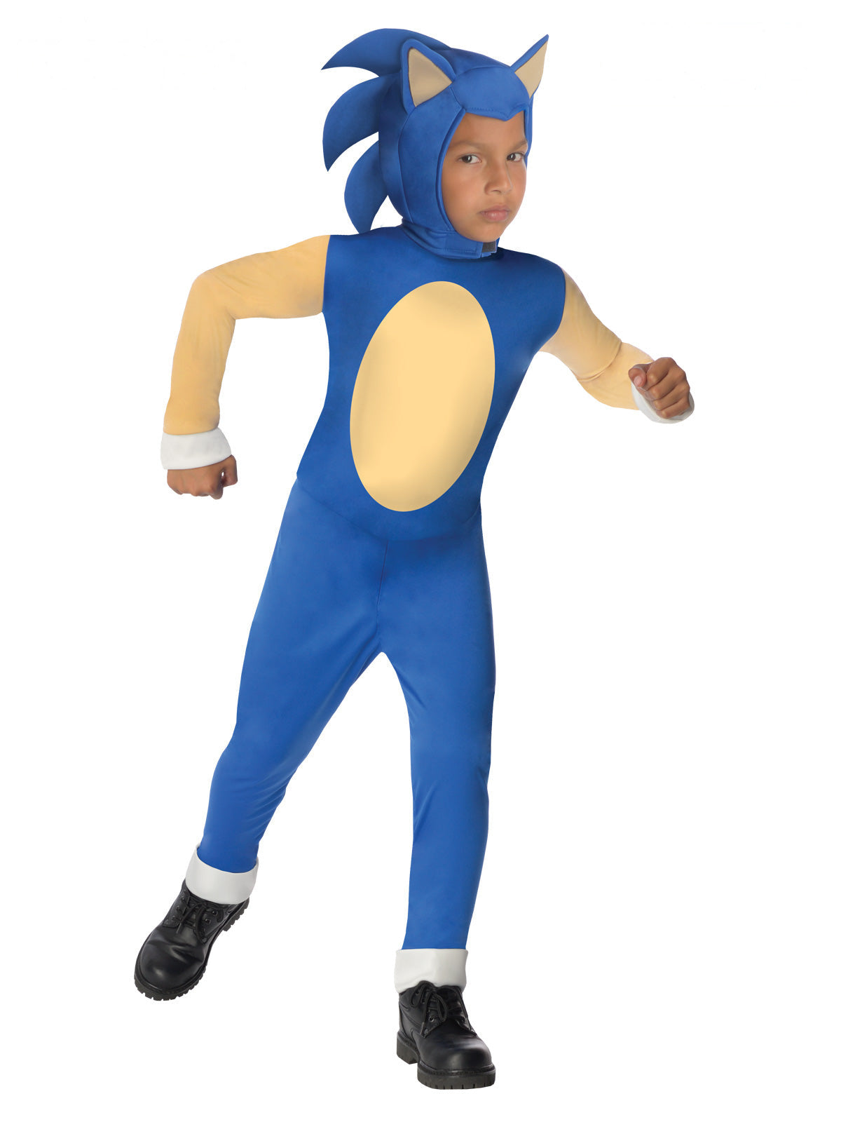 Boy in the Sonic the Hedgehog jumpsuit with a blue spiked hood and tan chest panel, shown in a running pose