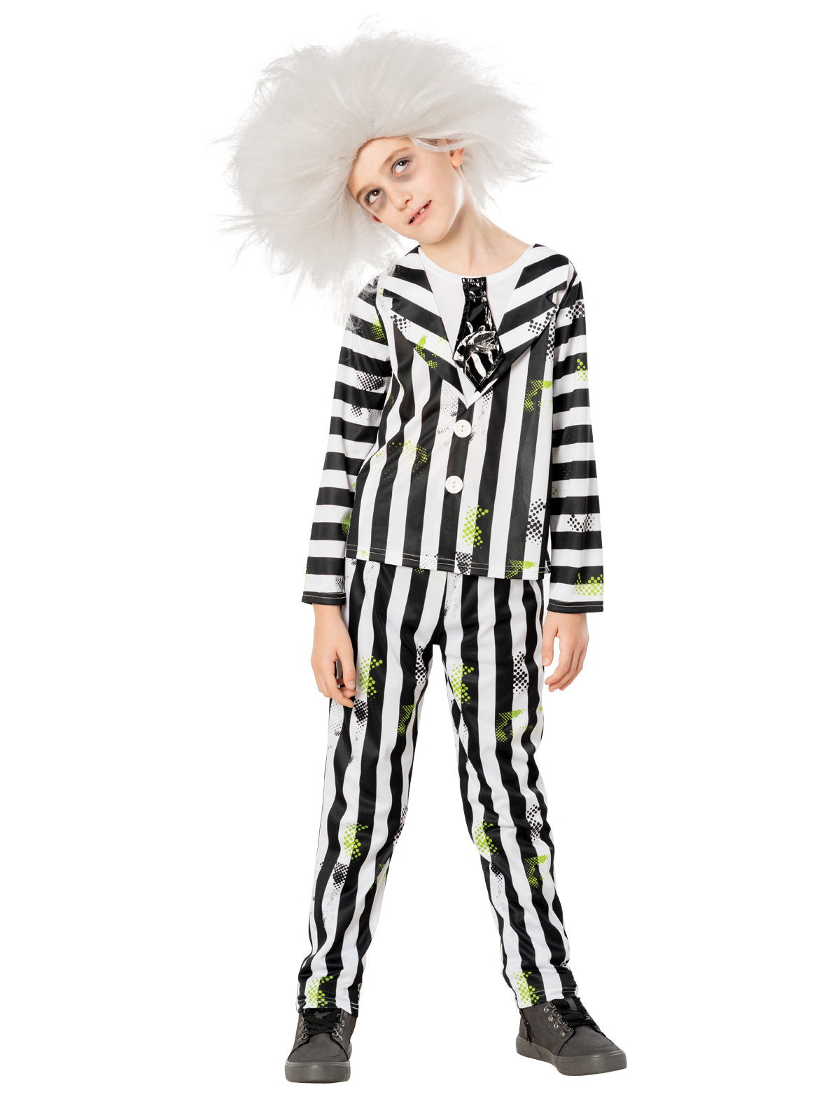Child in Beetlejuice striped jacket and pants with slime print, monster tie and messy white wig