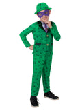 Boy wearing a green Riddler suit with question mark print pants, printed tie, bowler hat and purple felt eye mask