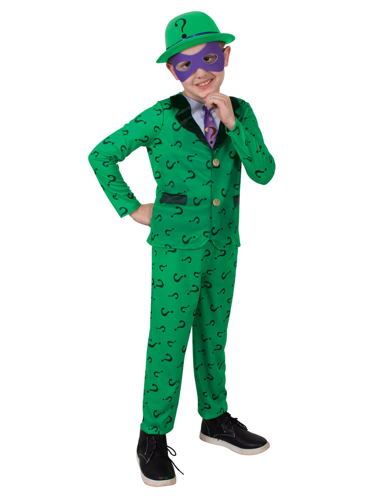 Boy wearing a green Riddler suit with question mark print pants, printed tie, bowler hat and purple felt eye mask
