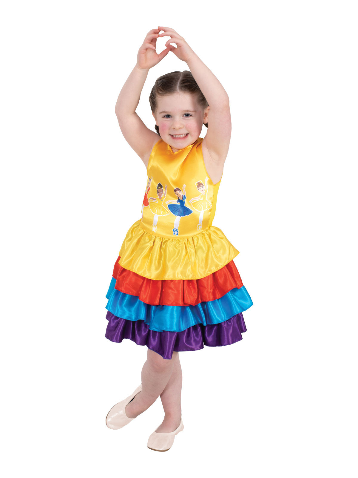 Girl wearing a Wiggles ballerina dress with character art bodice and layered yellow, red, blue and purple satin skirt