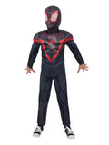 Child in the Marvel Miles Morales Spider-Man Deluxe black padded jumpsuit with red spider badge and snood