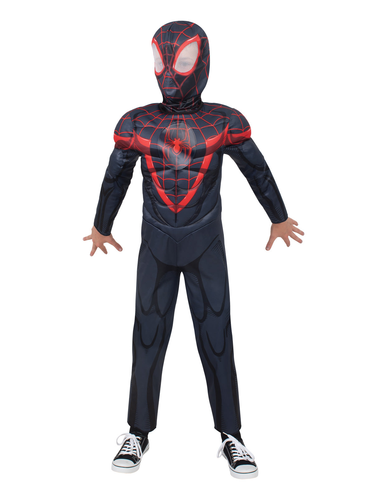 Child in the Marvel Miles Morales Spider-Man Deluxe black padded jumpsuit with red spider badge and snood