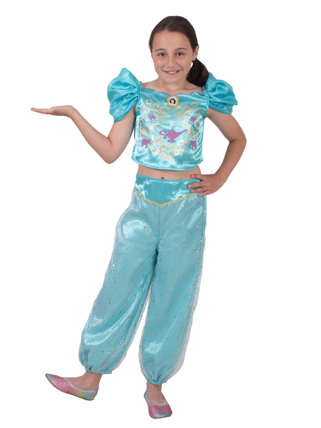 Girl with arms outstretched in the Jasmine Sparkle costume, wearing the teal satin top and harem pants